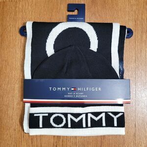 Tommy Hilfiger Scarf Beanie Set Navy Blue White Cable Knit Unisex Style Big Logo
